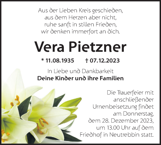 Traueranzeige von Vera Pietzner von Märkische Oderzeitung