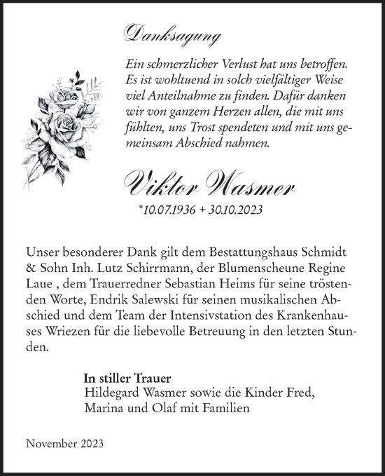 Traueranzeige von Viktor Wasmer von Märkische Oderzeitung