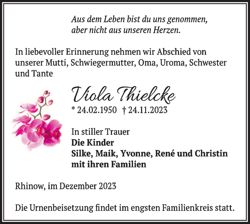  Traueranzeige für Viola Thielcke vom 02.12.2023 aus Märkische Oderzeitung