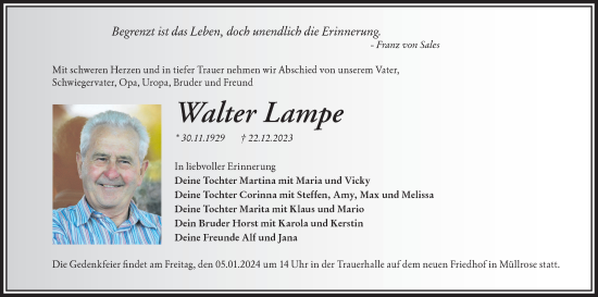 Traueranzeige von Walter Lampe von Märkische Oderzeitung