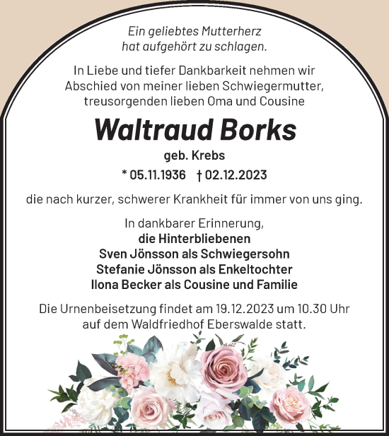 Traueranzeige von Waltraud Borks von Märkische Oderzeitung