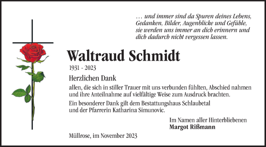 Traueranzeige von Waltraud Schmidt von Märkische Oderzeitung