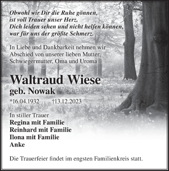 Traueranzeige von Waltraud Wiese von Märkische Oderzeitung