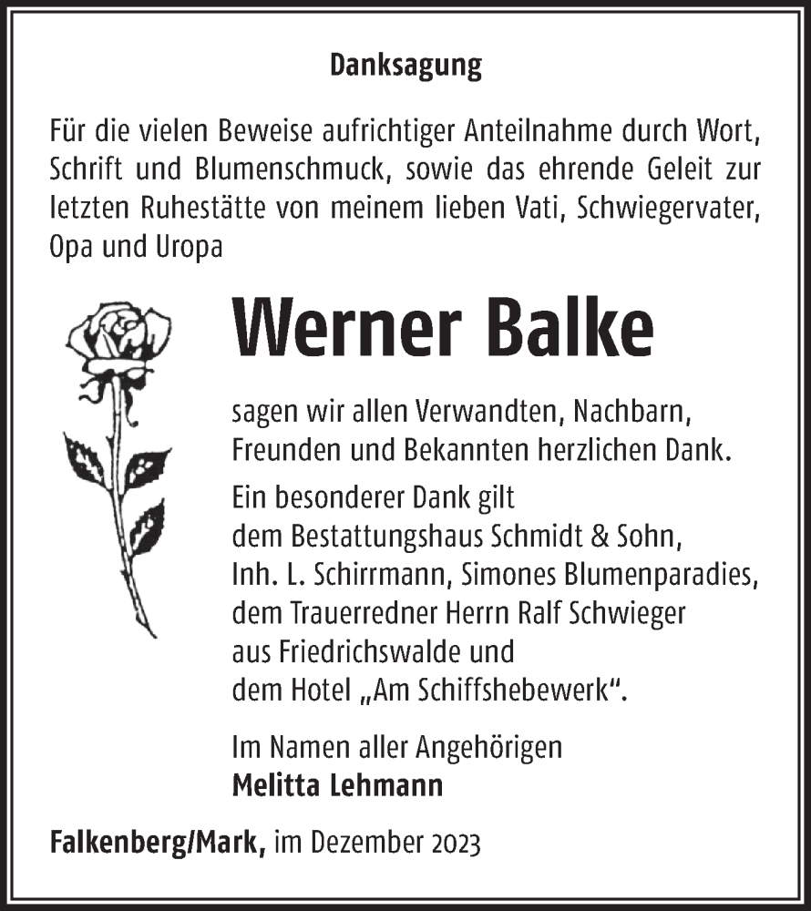  Traueranzeige für Werner Balke vom 16.12.2023 aus Märkische Oderzeitung