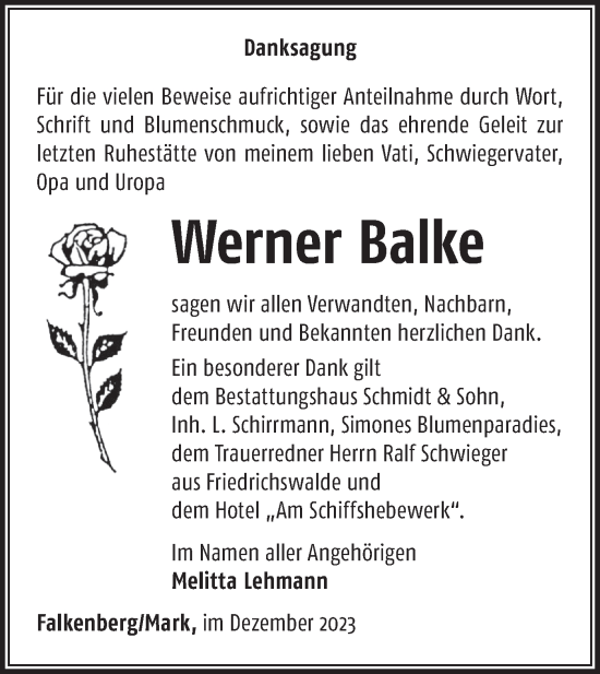 Traueranzeige von Werner Balke von Märkische Oderzeitung