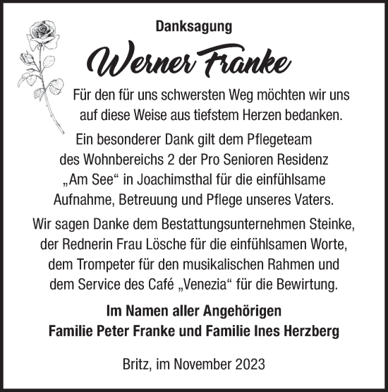 Traueranzeige von Werner Franke von Märkische Oderzeitung
