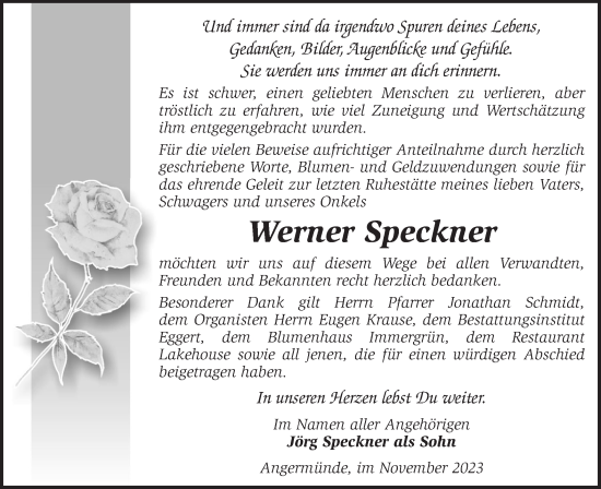 Traueranzeige von Werner Speckner von Märkische Oderzeitung