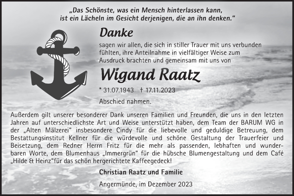  Traueranzeige für Wigand Raatz vom 23.12.2023 aus Märkische Oderzeitung