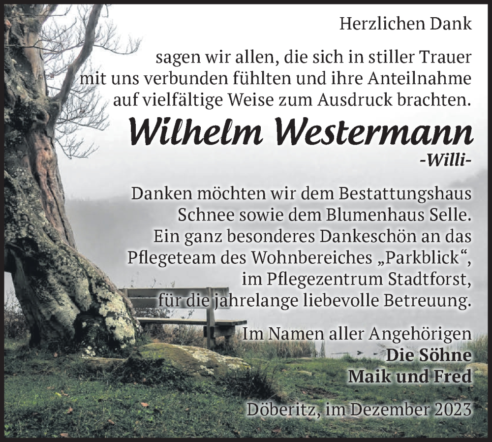  Traueranzeige für Wilhelm Westermann vom 23.12.2023 aus Märkische Oderzeitung
