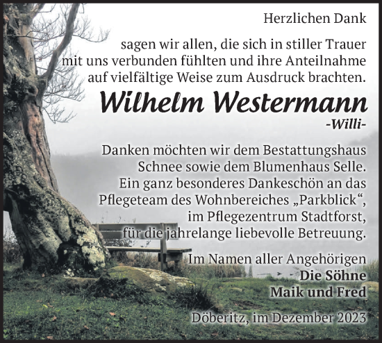 Traueranzeige von Wilhelm Westermann von Märkische Oderzeitung