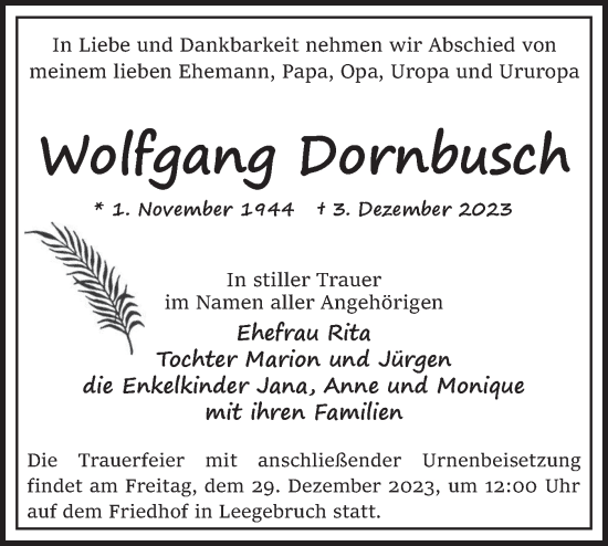 Traueranzeige von Wolfgang Dornbusch von Märkische Oderzeitung