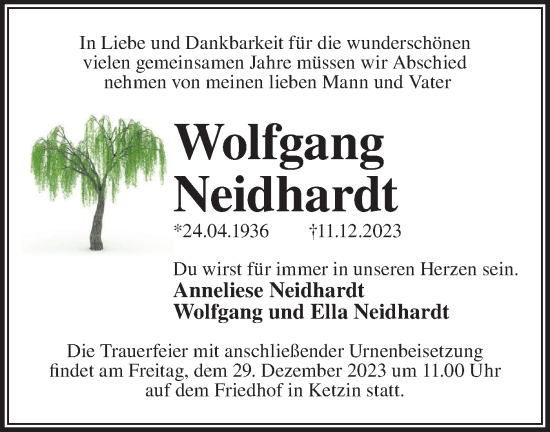 Traueranzeige von Wolfgang Neidhardt von Märkische Oderzeitung