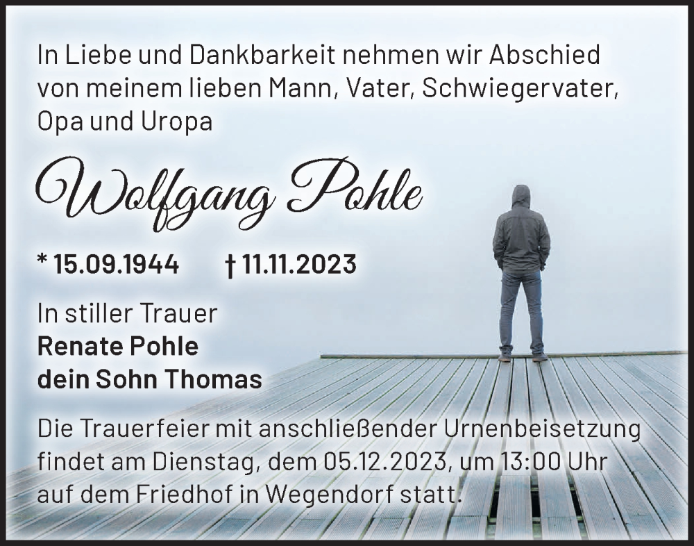  Traueranzeige für Wolfgang Pohle vom 02.12.2023 aus Märkische Oderzeitung