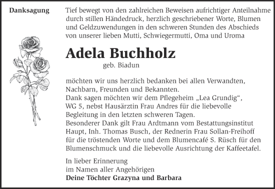 Traueranzeige von Adela Buchholz von Märkische Oderzeitung