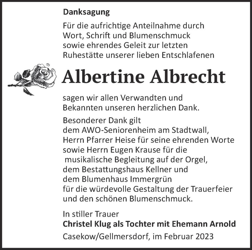  Traueranzeige für Albertine Albrecht vom 26.02.2023 aus Märkische Oderzeitung
