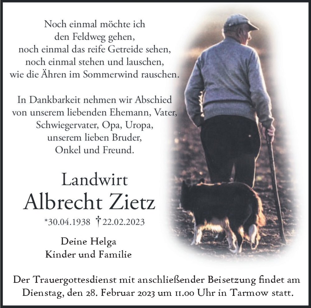  Traueranzeige für Albrecht Zietz vom 25.02.2023 aus Märkische Oderzeitung