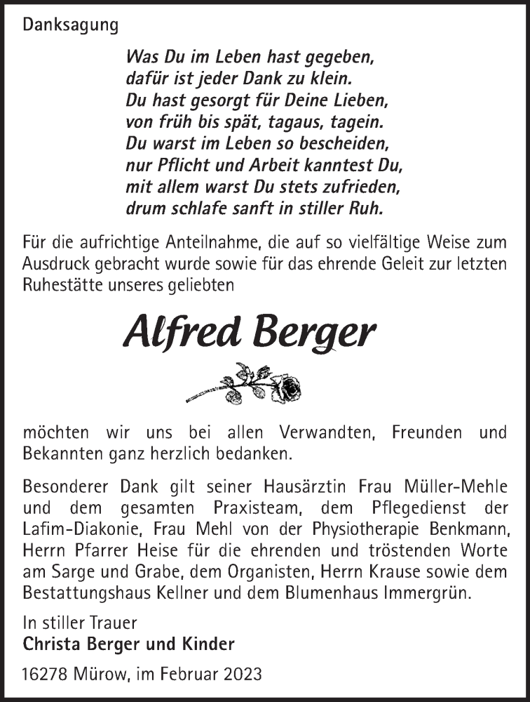  Traueranzeige für Alfred Berger vom 26.02.2023 aus Märkische Oderzeitung