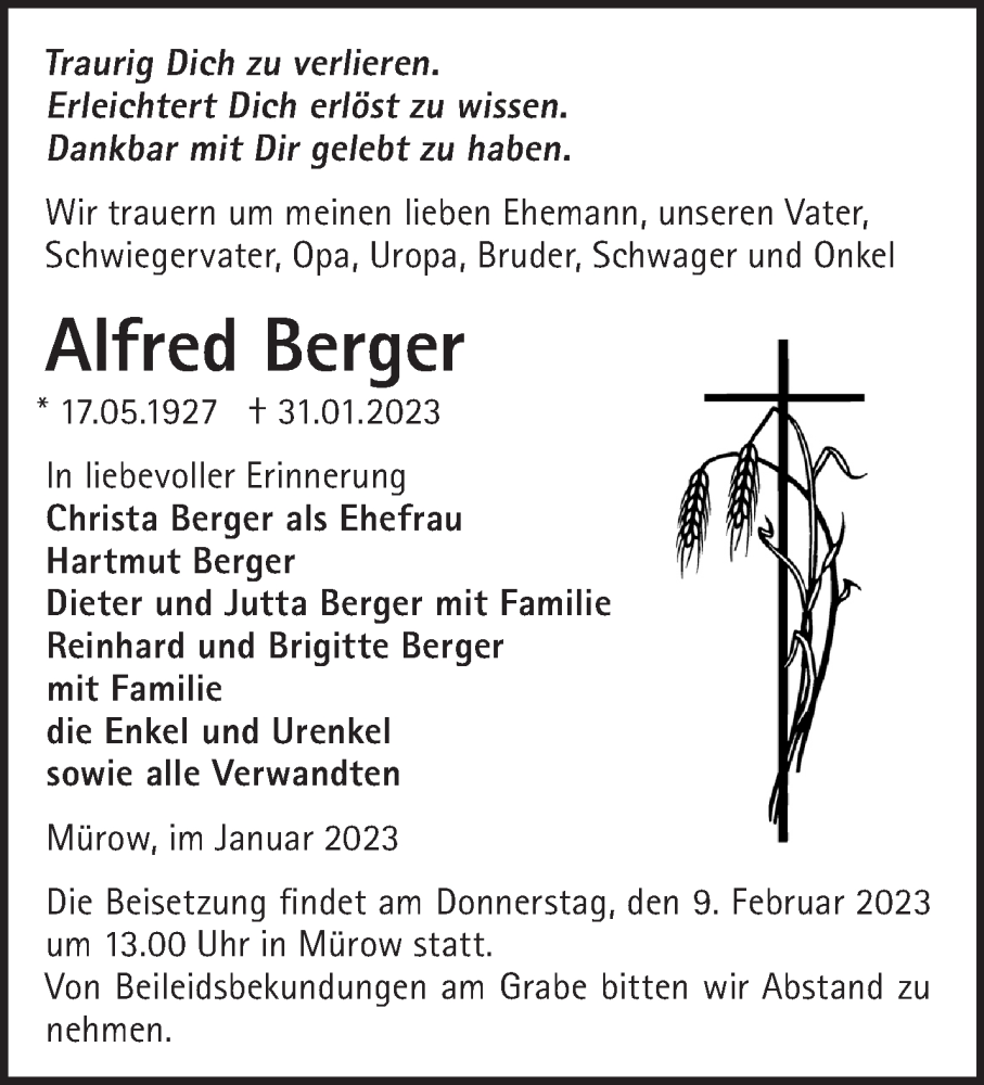  Traueranzeige für Alfred Berger vom 04.02.2023 aus Märkische Oderzeitung