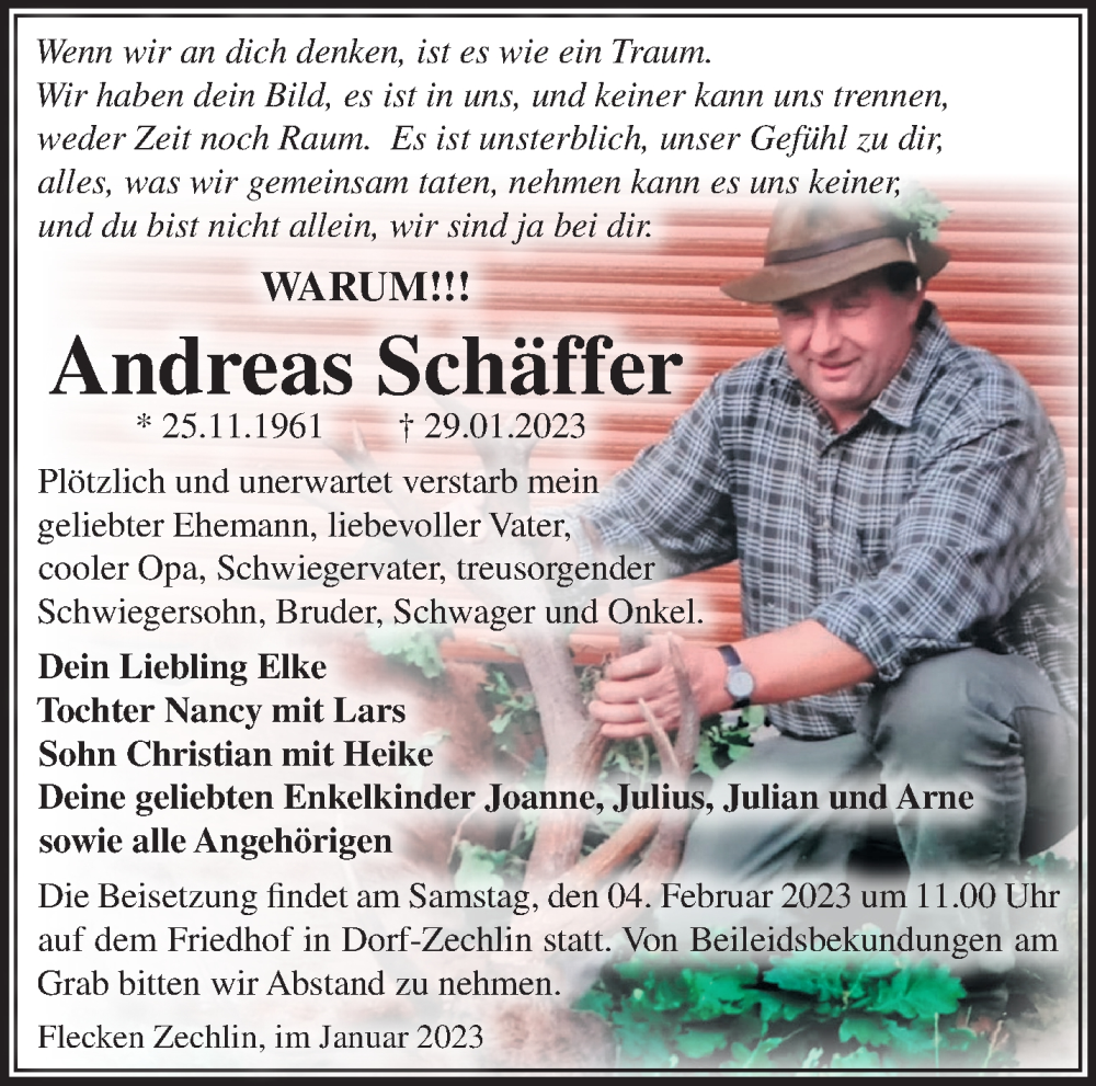  Traueranzeige für Andreas Schäffer vom 02.02.2023 aus Märkische Oderzeitung