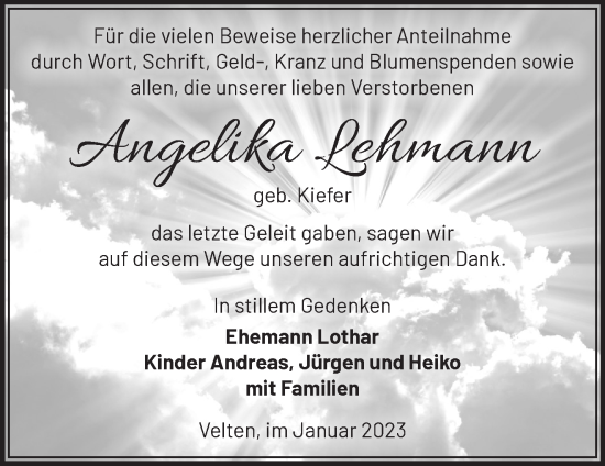 Traueranzeige von Angelika Lehmann von Märkische Oderzeitung