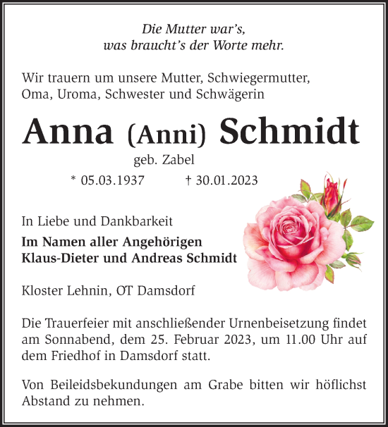 Traueranzeige von Anna Schmidt von Märkische Oderzeitung