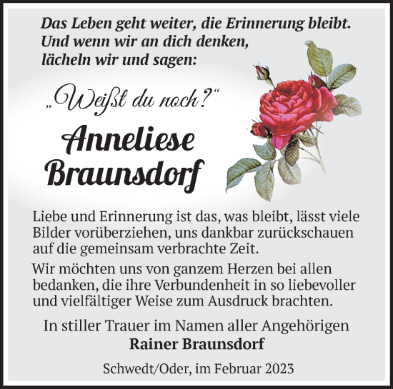 Traueranzeige von Anneliese Braunsdorf von Märkische Oderzeitung