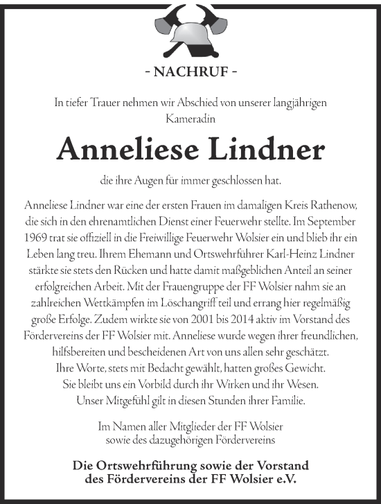 Anzeige Anneliese Lindner