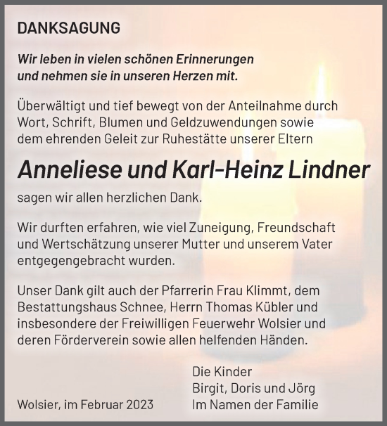 Traueranzeige von Anneliese und Karl-Heinz Lindner von Märkische Oderzeitung