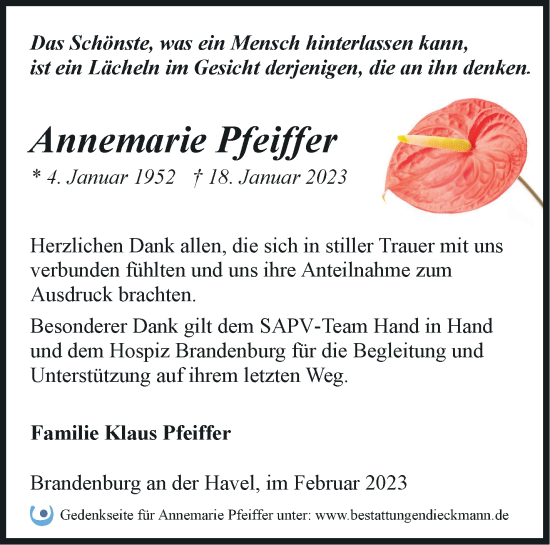 Traueranzeige von Annemarie Pfeiffer von Märkische Oderzeitung