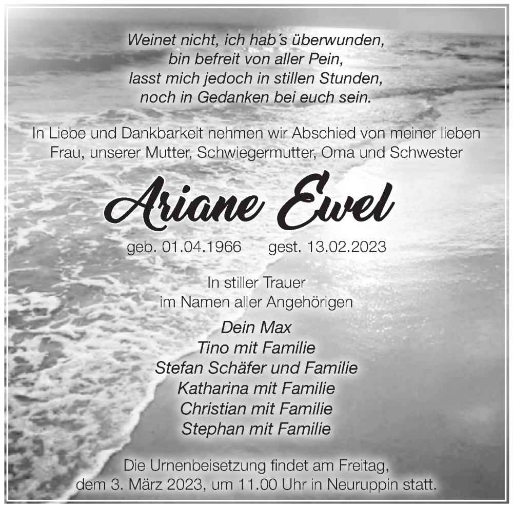  Traueranzeige für Ariane Ewel vom 25.02.2023 aus Märkische Oderzeitung