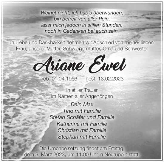 Traueranzeige von Ariane Ewel von Märkische Oderzeitung