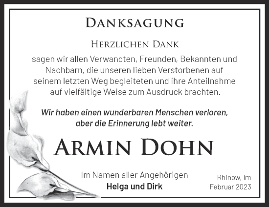 Traueranzeige von Armin Dohn von Märkische Oderzeitung