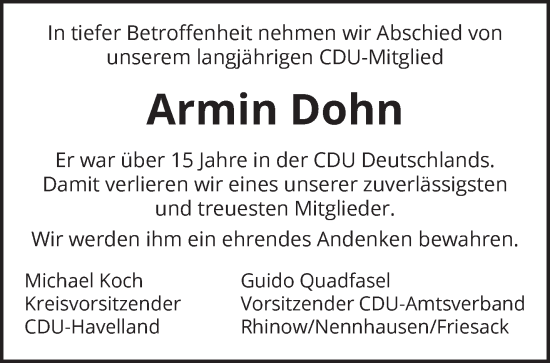 Traueranzeige von Armin Dohn von Märkische Oderzeitung