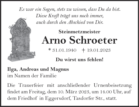 Traueranzeige von Arno Schroeter von Märkische Oderzeitung