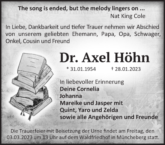 Traueranzeige von Axel Höhn von Märkische Oderzeitung