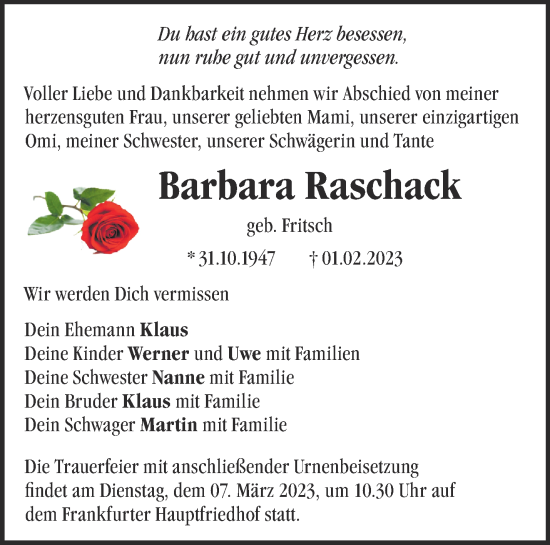 Traueranzeige von Barbara Raschack von Märkische Oderzeitung