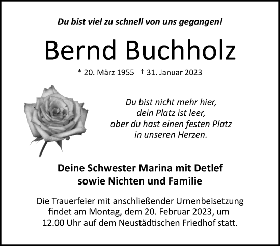 Traueranzeige von Bernd Buchholz von Märkische Oderzeitung