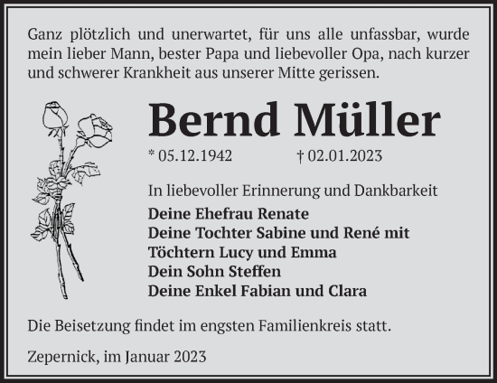 Traueranzeige von Bernd Müller von Märkische Oderzeitung