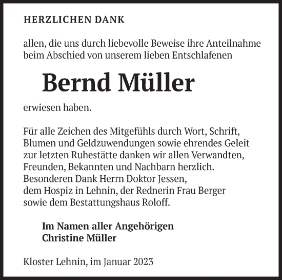 Traueranzeige von Bernd Müller von Märkische Oderzeitung