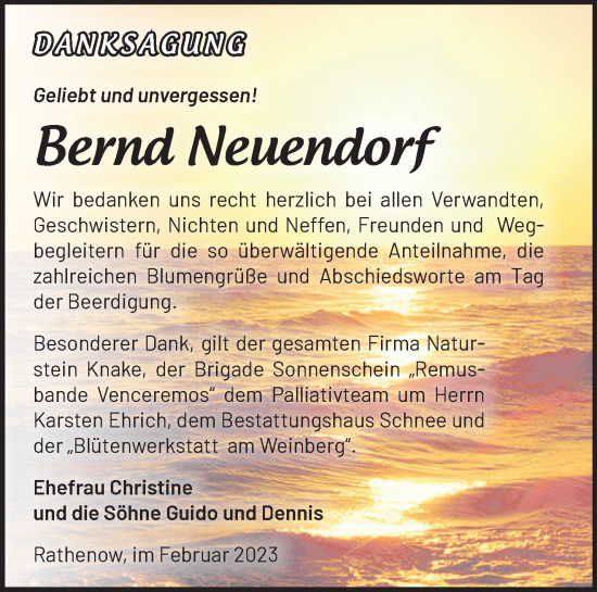 Traueranzeige von Bernd Neuendorf von Märkische Oderzeitung