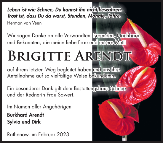 Traueranzeige von Brigitte Arendt von Märkische Oderzeitung