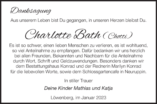 Traueranzeige von Charlotte Bath von Märkische Oderzeitung