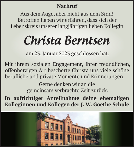 Traueranzeige von Christa Berntsen von Märkische Oderzeitung