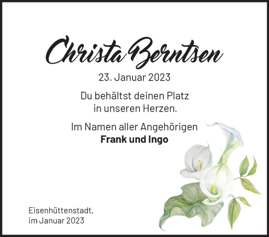 Traueranzeige von Christa Berntsen von Märkische Oderzeitung