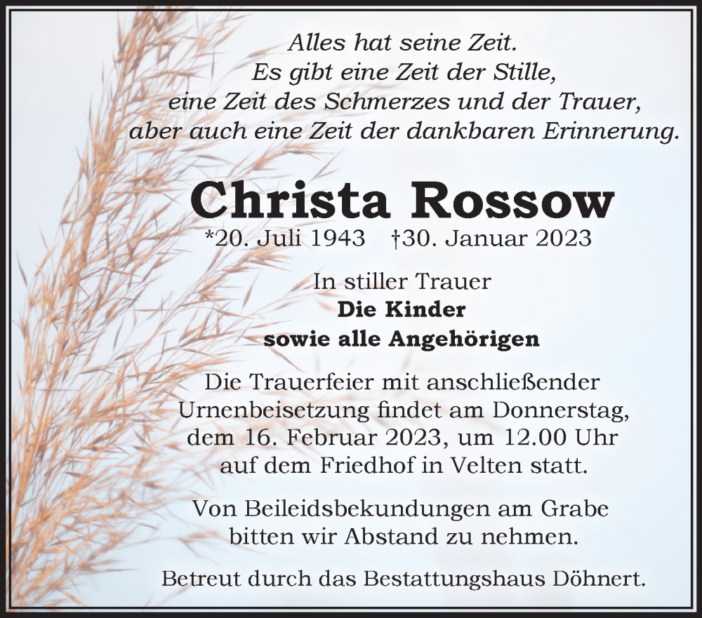  Traueranzeige für Christa Rossow vom 04.02.2023 aus Märkische Oderzeitung