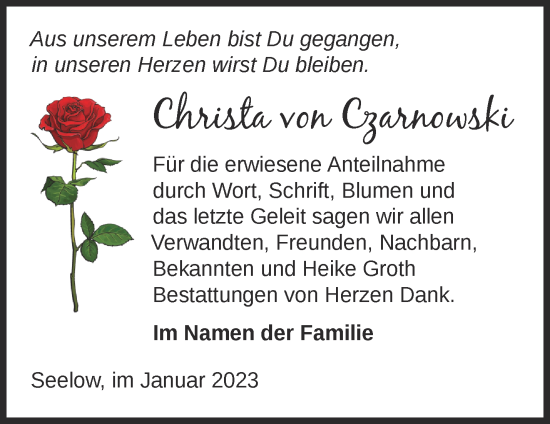 Traueranzeige von Christa von Czarnowski von Märkische Oderzeitung