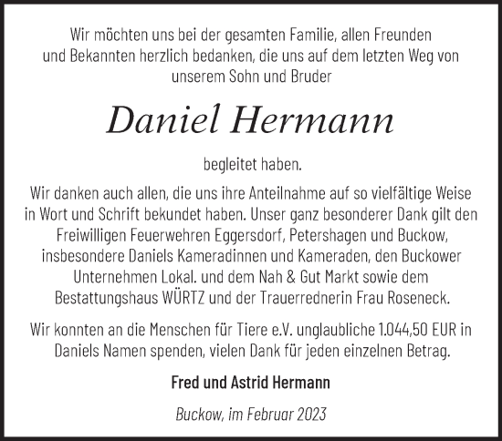 Traueranzeige von Daniel Hermann von Märkische Oderzeitung