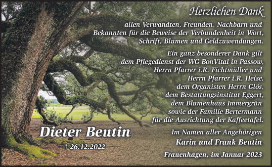 Traueranzeige von Dieter Beutin von Märkische Oderzeitung