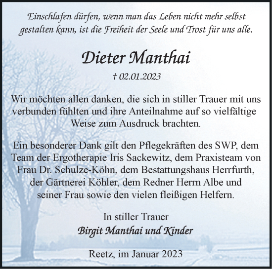 Traueranzeige von Dieter Manthai von Märkische Oderzeitung