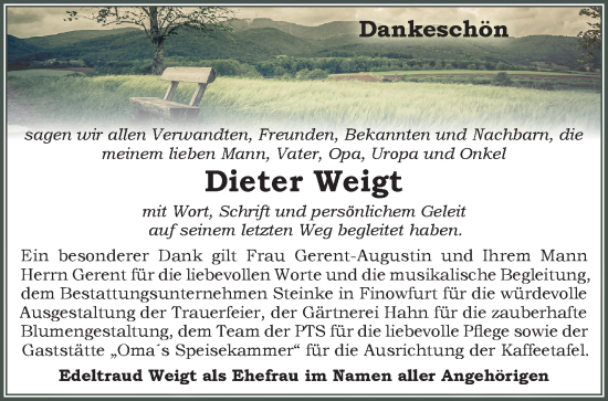 Traueranzeige von Dieter Weigt von Märkische Oderzeitung